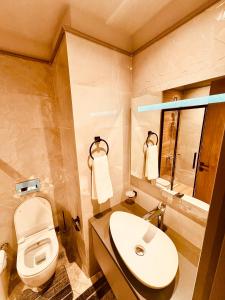 Un baño con un inodoro blanco y un lavabo. en Elite Luxury Suites at Diamond in City, en Accra