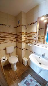 um banheiro com vaso sanitário, pia e banheira em Zöld Vendégház em Balatonfüred mais 19 fotografias
