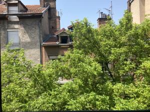 een open raam in een gebouw achter enkele bomen bij Le Clos Saint-Jacques in Grenoble