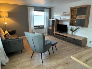 a living room with a chair and a television at 2-Zimmer-Wohnung mit moderner Ausstattung in Tremsbüttel