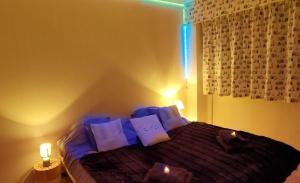 滨海贝尔克Face Mer Parking 4 personnes的卧室里有一张带紫色枕头的床