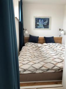 Un dormitorio con una cama grande con cortinas azules. en Harzer Weitblick, en Braunlage