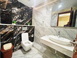 um banheiro com uma pia, um vaso sanitário e um espelho em Goldcrest Apartments em Lahore mais 31 fotografias