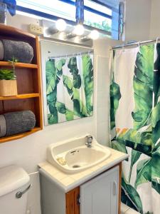 a bathroom with a sink and a shower curtain at Bananaquit Tobago -Stay Near the Beach in Crown Point +109 photos