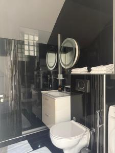 a bathroom with a toilet and a sink and mirrors at Luxury Studio Black & White in Sarajevo +41 photos