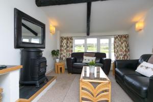 a living room with a couch and a stove at Harrison's Cottage in Llandegla
