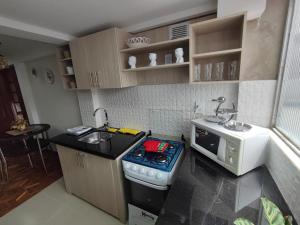 a small kitchen with a stove and a microwave at La culta elegante in Sucre
