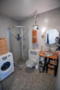 a bathroom with a shower toilet and a washing machine at Giraffe Loft in Helsinki