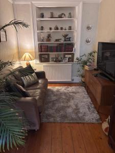 a living room with a couch and a tv at Bonjour Guest house in Alderney