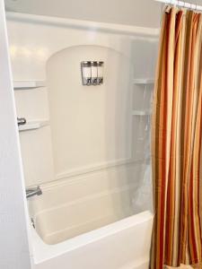 a bathroom with a tub and a shower curtain at LG Lofts - 2 bedroom unit in Kiel close to Road America Elkhart Lake in Kiel