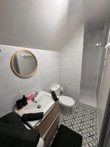 een badkamer met een wastafel, een toilet en een spiegel bij La Planque des Halles - Hyper Centre - Bureau in Troyes +32 foto's