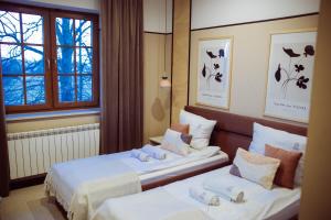 a hotel room with two beds and a window at Dworek in Kolbuszowa