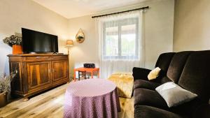 a living room with a couch and a flat screen tv at Gîte de France La maroussie 3 épis - Gîte de France 6 personnes MAE-5131 in Salon-la-Tour