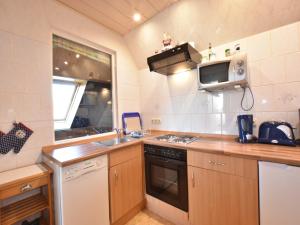 eine kleine Küche mit Spüle und Mikrowelle in der Unterkunft Snug Apartment in Kröpelin Germany in Klein Nienhagen