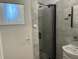 un baño con ducha y lavabo en Apartamenty 649 metrów od Dworca, en Przemyśl