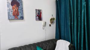 sala de estar con sofá y cortina azul en Flo Steve Stays, en Nairobi