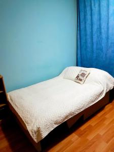 a small bed in a room with a blue wall at Comfy Room With Working Space in top Location in Ivišovo Greblje