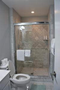 a bathroom with a glass shower with a toilet at The Deluxe Oasis in the north west suburbs of Richmond Zip 23060 in Glen Allen +22 photos