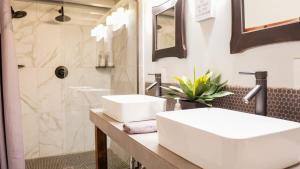 a bathroom with a white sink and a shower at Rivers Edge Lofts - Unit 8 in Niles +27 photos