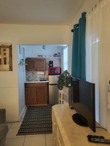 a living room with a television and a kitchen at Life is good in St Petersburg
