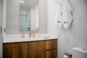 a bathroom with a sink and a mirror at Aguirre By Wynwood House in Lima +96 photos