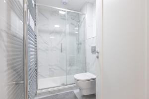 a white bathroom with a shower and a toilet at 3rd Floor Stylish 2-Bed Apartment in Drogheda +10 photos