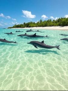 un gruppo di delfini che nuotano in acqua di Abricotier à proximité des plages du sud a Rivière-Pilote