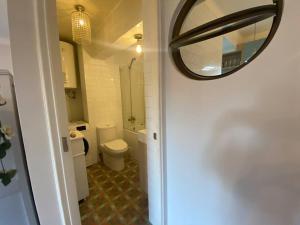 a bathroom with a toilet and a mirror on the wall at Vintage Apartment Lastarria in Santiago