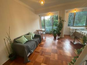 a living room with a couch and a wooden floor at Vintage Apartment Lastarria in Santiago