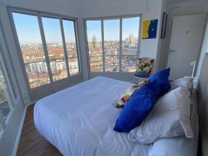 sypialnia z dużym łóżkiem z niebieskimi poduszkami w obiekcie Appartement lumineux à Moulins avec terrasse et proche centre - FR-1-489-413 w mieście Moulins