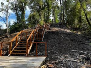 a set of wooden stairs on a hill with trees at Domo Panigal in Hornopiren