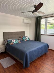 a bedroom with a blue bed with a ceiling fan at Fare Matahani in HUH