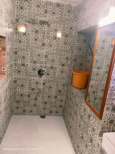 斋沙默尔hotelchotihaveli的一间带淋浴的浴室和瓷砖墙