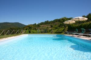 a large swimming pool with chairs and an umbrella at Borgo Antico in Poggioni
