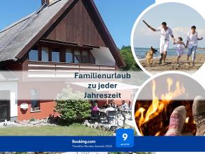 eine Collage mit Bildern eines Hauses mit einem Feuer in der Unterkunft Ferienhaus mit Reetdach Gerdi in Heringsdorf