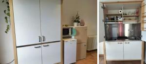 two pictures of a kitchen with a white cabinet at Eguzkilore Larunbe apartamento in Larumbe
