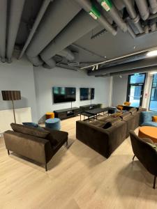 ein Wohnzimmer mit Sofas und einem Flachbildfernseher in der Unterkunft New! Apartment Fjellandsbyen Hemsedal Ski&bike in Kyrkjebøen