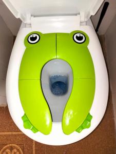 a toilet with a green toilet seat with eyes on it at Encanto en el Moncayo in San Martín de Moncayo +45 photos