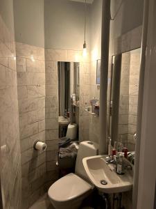 a bathroom with a sink and a toilet and a mirror at Lovely apartment with patio in Copenhagen