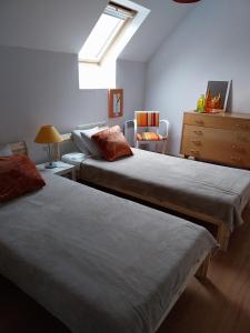 Un dormitorio con dos camas y una cómoda. en Gîte Saint Benoît sur Loire en Val de Sully, en Saint-Benoît-sur-Loire