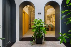 a hallway with yellow doors and a potted plant at Posada de los Venerables in Seville