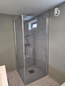 a shower with a glass door in a bathroom at Seaside Holiday Home in Hjelmeland +51 photos