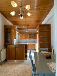a kitchen with a table and a ceiling at Fourlani's Apartments in Amfilochia