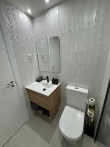 a bathroom with a toilet and a sink and a mirror at Apartamento Madrid Norte in San Sebastián de los Reyes