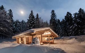 a log cabin in the snow with the moon behind it at La Mendola Alm-Chalet in Mendola