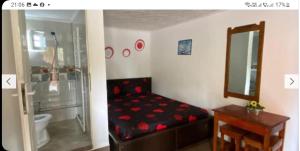 a bathroom with a bed and a shower and a mirror at Vila Masy in Costinesti