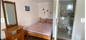 a small bedroom with a bed and a mirror at Vila Masy in Costinesti