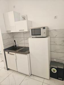 a small kitchen with a microwave and a refrigerator at MIRO Apartmani in Pale +16 photos