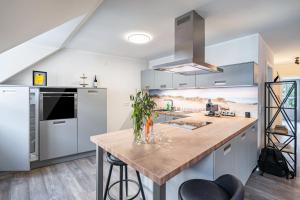 a kitchen with stainless steel appliances and a wooden table at Quartier am weißen Gold in Meißen +21 photos