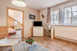 Una sala de estar con un sofá y un televisor. en Ferienwohnung Ufert, en Meißen